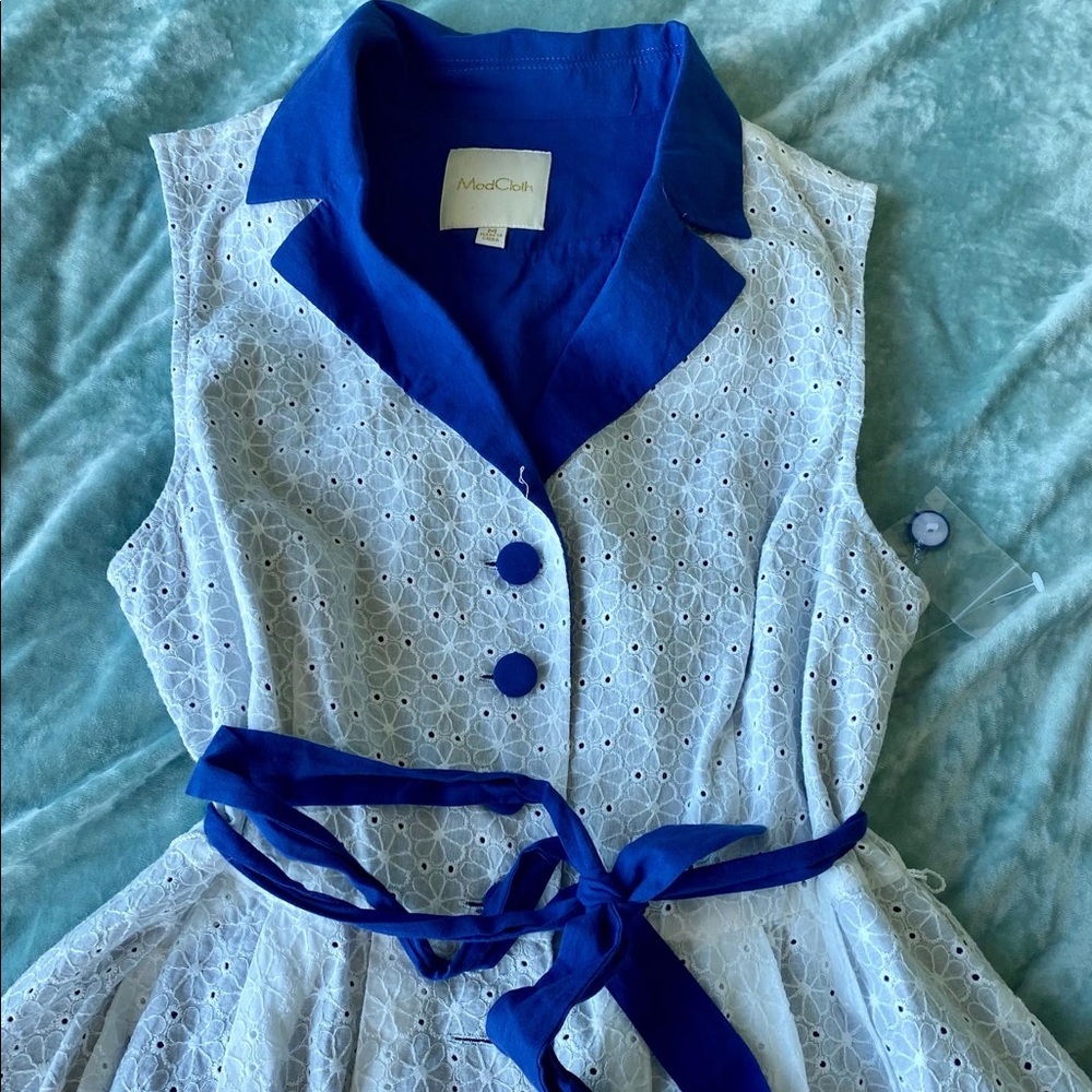 White Eyelet dress with Blue Accents